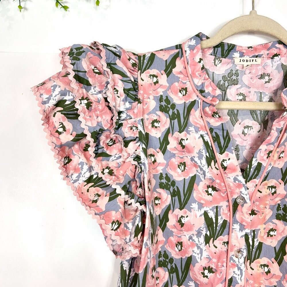 Jodifl Mini Dress Women Medium Pink Green Blue Floral Ric Rac Ruffle Button Down - Picture 5 of 16
